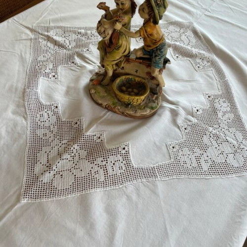 Linen tablecloth handmade with lace and openwork like new