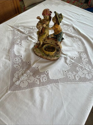 Linen tablecloth handmade with lace and openwork like new