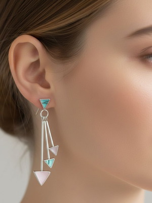 Vintage ασημένια σκουλαρίκια με σεντέφι σε ροζ και τιρκουάζ, σαν καινούργια