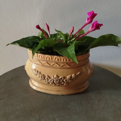 Mid-Century Art Pottery Planter vintage, yellow ware, crackle texture