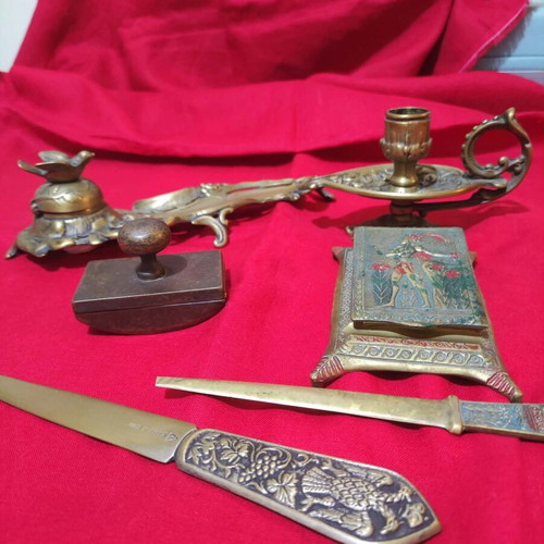 Vintage oxidized brass desk set with Art Nouveau motifs