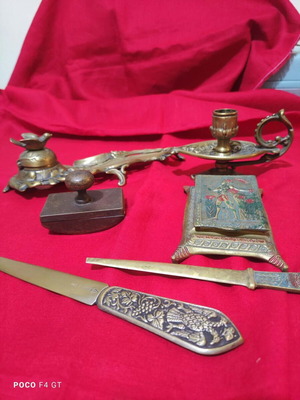 Vintage oxidized brass desk set with Art Nouveau motifs