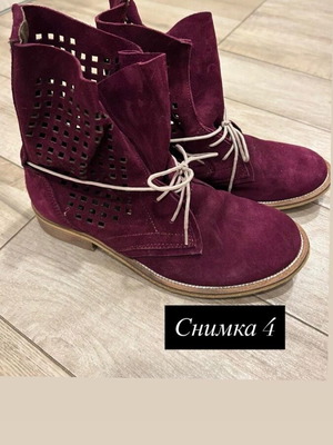Burgundy suede women's boots with perforation, size 37