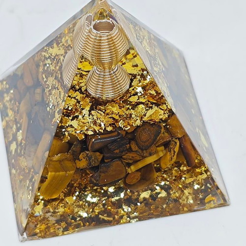 Orgonite pyramid with Tiger's Eye and gold leaves like new
