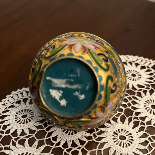 Vintage Chinese Cloisonné Bowl with Lid, enamel and brass