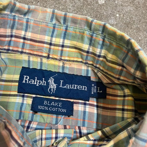 Ralph Lauren Fun Oxford Shirt L, blue yellow green plaid, orange pony