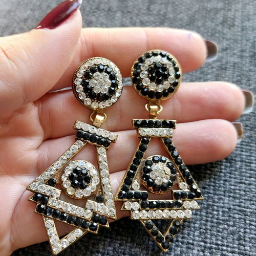 Earrings white-black with Swarovski, handmade, bronze, 6.5cm