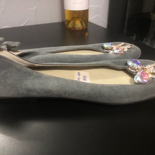 Women's ballerina shoes new, gray, genuine suede leather, size 41, handmade with crystal bow