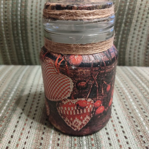 Glass jar with lid, decoupage decoration and raw twine