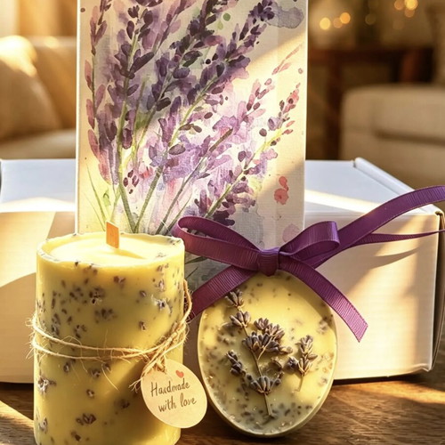 Luxury lavender gift set with soy wax and botanical sachet