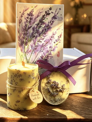 Luxury lavender gift set with soy wax and botanical sachet