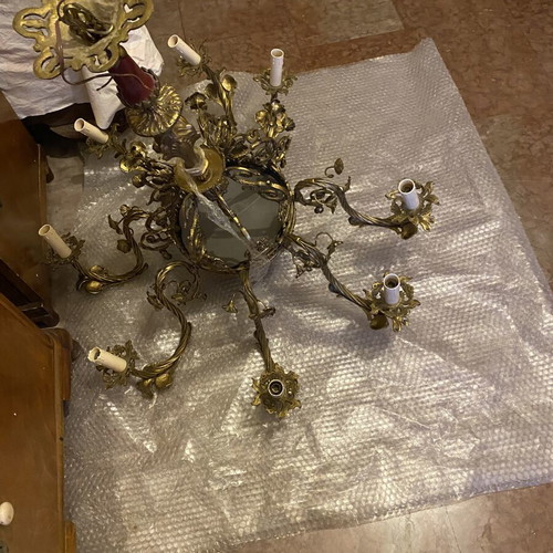 Vintage brass chandelier with porcelain, 8 lights, used