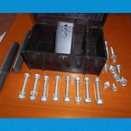 Box with various metal parts and 18 screws used