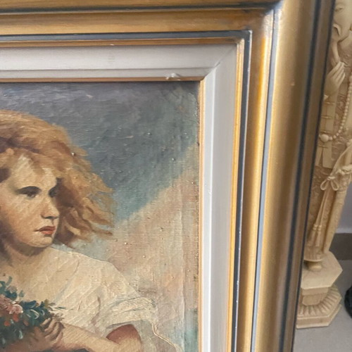 Canvas painting girl with flowers used, very old