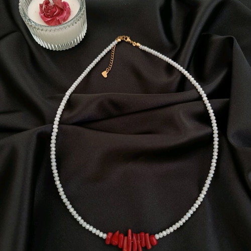 Handmade steel necklace with white crystals and red corals