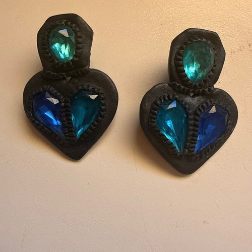 Handmade clay earrings with heart, clip-ons, blue and green