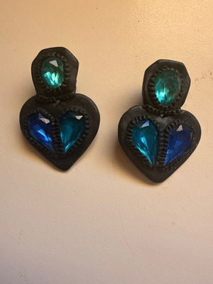 Handmade clay earrings with heart, clip-ons, blue and green