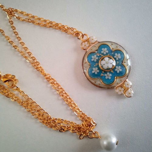 Handmade spring necklace new with blue, white and gold colors