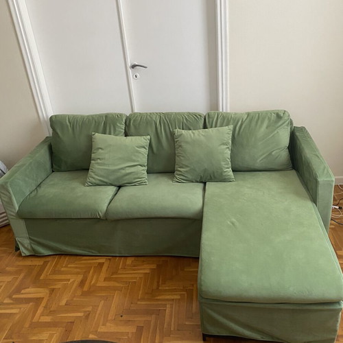 Velvet green sofa, three-seater