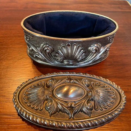 Vintage silver-plated jewelry box new with embossed designs and blue velvet