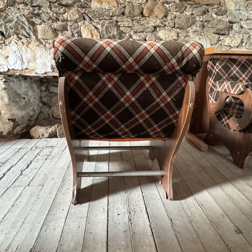 Vintage armchairs retro pair of 2 used with wooden frame and plaid upholstery