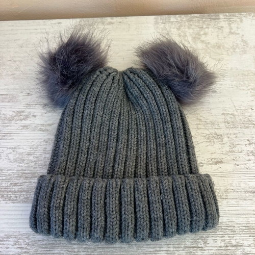Knitted gray hat with two eco fur pompoms new