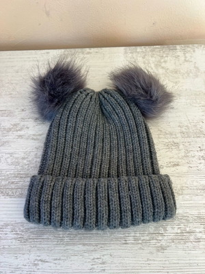 Knitted gray hat with two eco fur pompoms new
