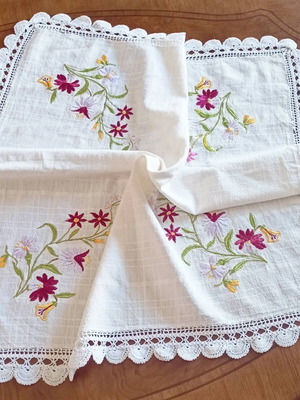 Spring embroidered woven square with crochet lace like new