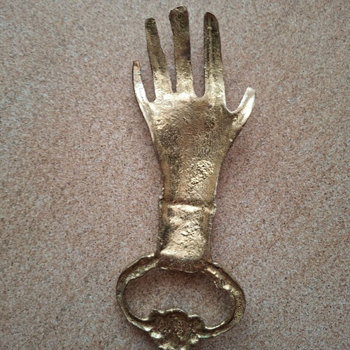 Vintage brass hand-shaped bottle opener used, 1950s-1960s