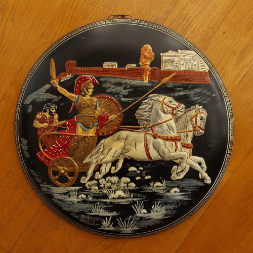 Antique collectible wall plate 42cm used, terracotta majolica Achilles Hector Troy