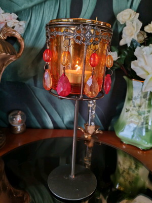 Retro candle holder with red crystal beads like new