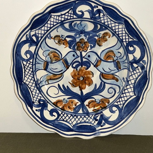 Vintage handmade Majiola ceramic plate Talavera style with birds, like new