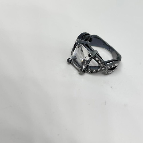 Black ring with large emerald cut crystal, like new