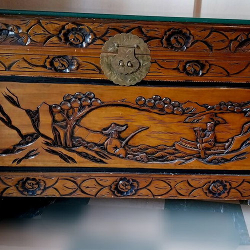 Carved chest used with thick glass