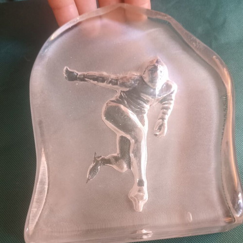 Bergdala Glasbruk Vintage Crystal Paperweight Ice Speed Skater