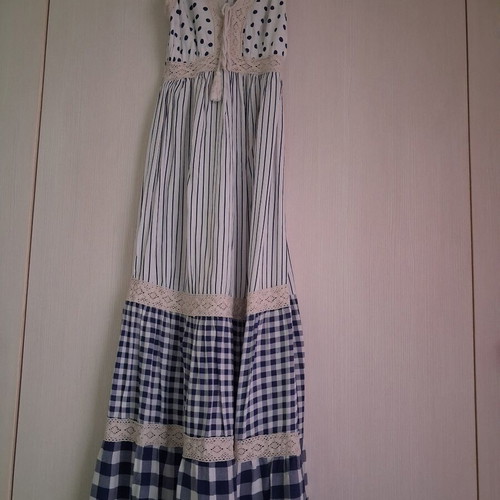 Boho maxi dress like new, patchwork blue and white