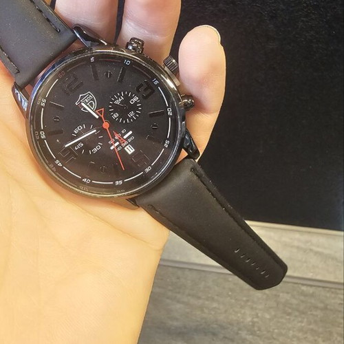 Round watch with leather strap new, men's, black