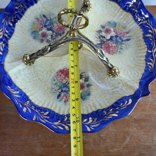 Vintage porcelain raised platter used, 27 cm diameter with brass details