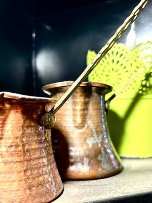 Bronze coffee pots used, set of 2, rustic Turkish style