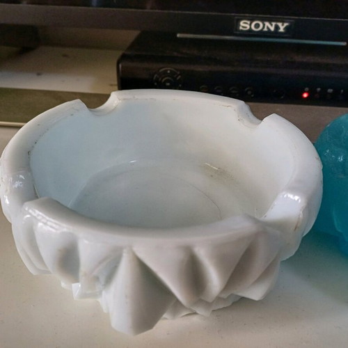 Opaline ashtrays used, pair white and blue