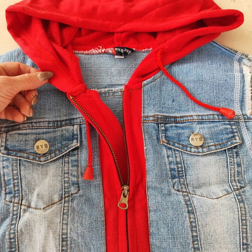 Unisex children's vest with hood like new, size 12 (152), blue denim and red
