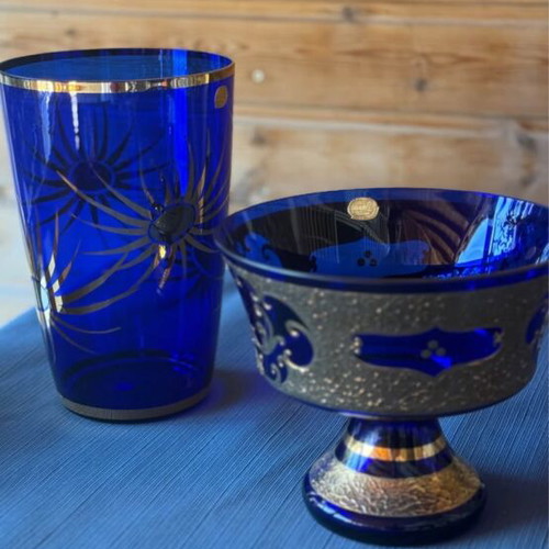 Crystal vase and fruit bowl blue with gilded details used