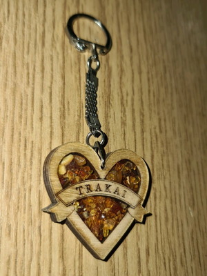 Heart wooden keychain with amber like new