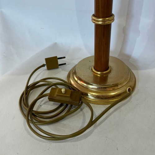 Vintage brass and wood table lamp with embroidered multicolour lampshade
