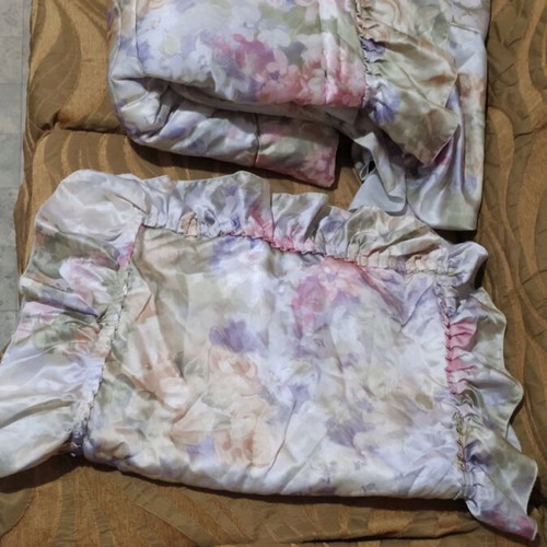 Satin floral quilt set with drapery and curtain panels