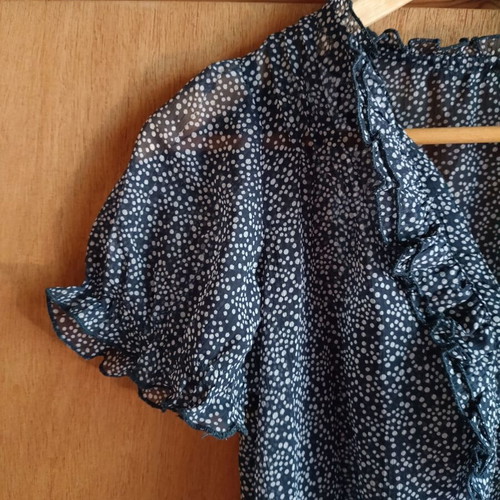 Blue polka dot chiffon blouse with ruffles and smocked waist, like new