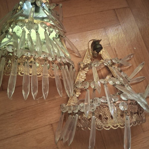 Set of 2 vintage wall lights with crystals used, brass design