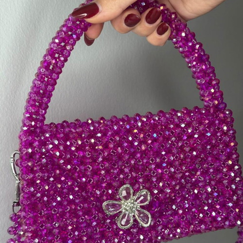 Handmade shoulder bag with crystal beads in fuchsia-pink
