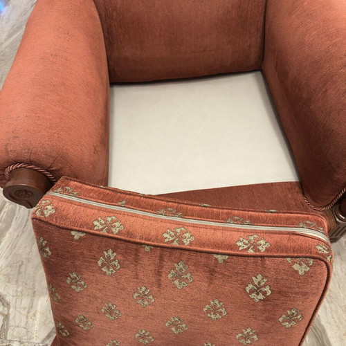 Classic armchairs set of 2 used, wooden frame, terracotta upholstery