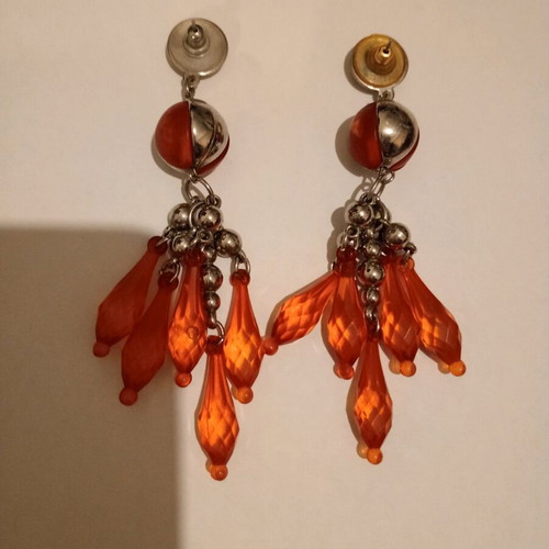 '90s Vintage Long Earrings Used, Orange and Gold Colors